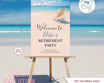 May include: A welcome sign for a retirement party with a beach theme. The sign is pink with blue text and features a beach scene with a lounge chair and fairy lights. The text reads "Welcome to Debbie's Retirement Party" and includes the date and location of the party. The sign is 61 cm by 91 cm.