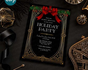 May include: A black rectangular holiday party invitation card featuring a gold geometric art deco border, a red ribbon bow at the top, and green holly accents. The text reads: Please join Rodney and Joyce for their Annual HOLIDAY PARTY, Friday, December 23rd, 2021 at 8:00pm, The Whittaker Home, 916 Auburn Avenue, New York, NY, 1920's Dress Essential, RSVP to Joyce by 12/15 at 212.784.1212.