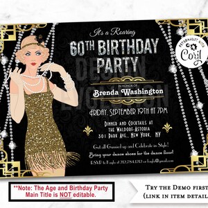 TRY DEMO FIRST - 60th Birthday Art Deco Great Gatsby Flapper Girl Cotton Club Jazz Age 1920s Roaring 20&#39;s Speakeasy Birthday Invitation