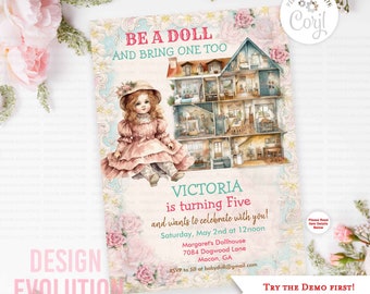 Victorian Doll Birthday Invitation – Customizable Template (Digital Download)