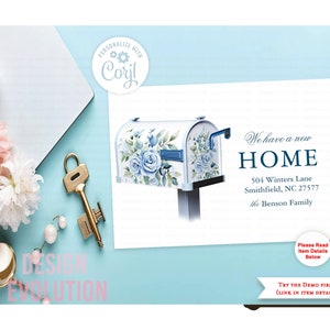 TRY DEMO FIRST - Mailbox New Home Blue Foral Moving Announcement We've Moved Housewarming Baby Shower by Mail Card