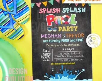 May include: A pool party invitation with the words "Splish Splash Pool Party" in colorful letters. The invitation includes the names Meghan & Trevor, date, time, and location. A pair of blue and green striped flip-flops and a green inflatable ring are in the background.
