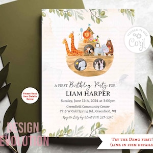 TRY DEMO FIRST -  Any Age Noah&#39;s Ark Animals Watercolor Noah&#39;s Arc Birthday Invitation