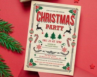 以下が含まれることがあります： 赤と緑のアクセントが施された、ビンテージスタイルのクリスマスパーティー招待状。招待状には、トナカイ、キャンディーケーン、雪の結晶が描かれています。「Join us for our annual Christmas Party」と記載されており、日付、時間、場所、RSVP情報が含まれています。