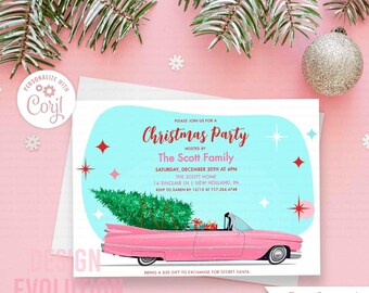 Retro Car Christmas Holiday Winter Party Pine Tree Vintage Invitation (Digital Download)