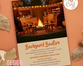 Backyard Bonfire Outdoor Fall Party Invitation S'mores and Hot Cocoa (Digital Download)