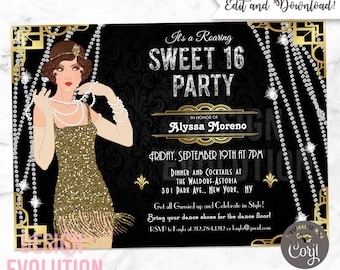 Roaring 20s Sweet 16 Invitation – Flapper Party, Editable (Digital Download)