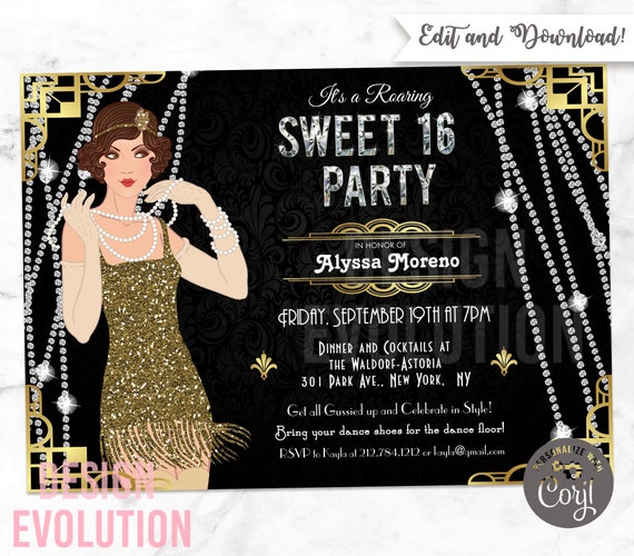 TRY DEMO FIRST Sweet 16 Great Gatsby Flapper Girl Cotton Club Jazz Age 1920s Roaring 20 s Speakeasy Birthday Invitation Etsy Canada