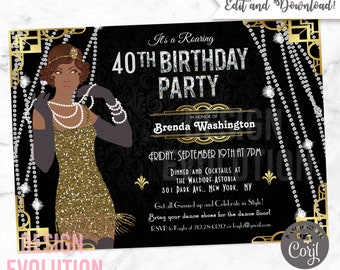 Flapper Girl Birthday Invitation: 1920s Harlem Nights, Jazz Age (Digital Download)