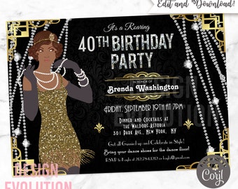 TRY DEMO FIRST - African American Flapper Girl Harlem Nights Great Gatsby Jazz Age 1920s Roaring 20's Speakeasy Birthday Invitation