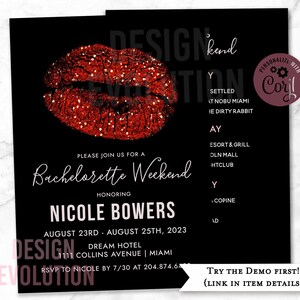 Puede incluir: Una invitación a una despedida de soltera en blanco y negro con una impresión de labios rojos con purpurina. El texto de la invitación dice: "Por favor, únase a nosotros para un fin de semana de despedida de soltera en honor a Nicole Bowers. Del 23 al 25 de agosto de 2023. Dream Hotel, 1111 Collins Avenue | Miami. RSVP a Nicole antes del 7/30 al 204.874.64. Design Evolution."
