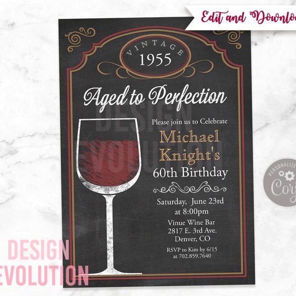 TRY DEMO FIRST - Aged to Perfection Wine Birthday Wine Tasting Wine Country Vineyard Wine Glass Chalk Chalkboard Invitation