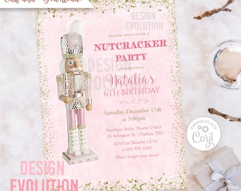 May include: Pink and gold glitter invitation for a Nutcracker party celebrating Natalia's 6th birthday. The invitation features a pink and gold nutcracker figurine and the text "Please join us for a Nutcracker Party celebrating Natalia's 6th Birthday".