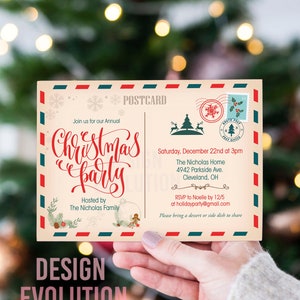 TRY DEMO FIRST - Christmas Holiday Party Vintage Postcard Invitation Ticket Xmas White Green and Red Classic Holiday Invite Invitation