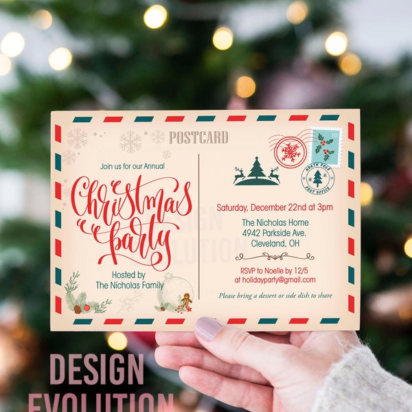 TRY DEMO FIRST - Christmas Holiday Party Vintage Postcard Invitation Ticket Xmas White Green and Red Classic Holiday Invite Invitation