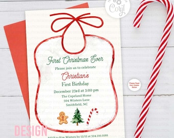 First Christmas Ever Christmas 1st Birthday Watercolor Bib Invitation (Digital Download)
