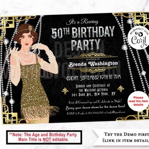 TRY DEMO FIRST - 50th Birthday Art Deco Great Gatsby Flapper Girl Cotton Club Jazz Age 1920s Roaring 20&#39;s Speakeasy Birthday Invitation