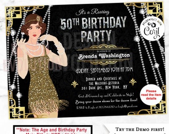 Art Deco 50th Birthday Invitation: Roaring 20s Flapper, Jazz Age (Digital Download)