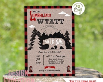 Lumberjack Wild One Birthday Invitation: Rustic Buffalo Plaid (Digital Download)