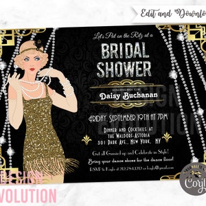 TRY DEMO FIRST - Great Gatsby Flapper Girl Cotton Club Jazz Age 1920s Roaring 20&#39;s Speakeasy Bridal Shower Invitation
