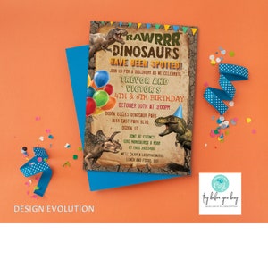 TRY DEMO FIRST - Dinosaur Dual Twin Sibling Birthday Jurassic T Rex Boy Birthday First 1st Birthday Roar Jungle Animals Wild One Invitation