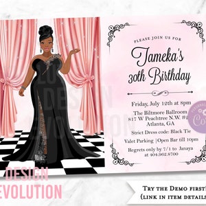 TRY DEMO FIRST - African American Curvy Woman Elegant Gown Watercolor Formal Glamorous Fabulous Glamour Girl Birthday Black Tie Invitation