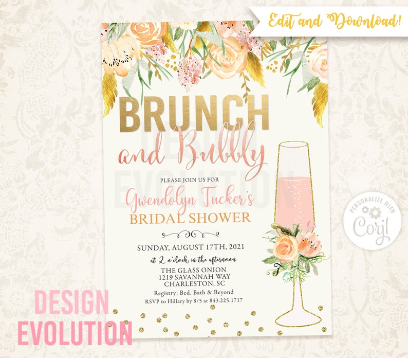 TRY DEMO FIRST Brunch and Bubbly Bridal Shower Brunch Wine Champagne Bridal Shower Wine Glass Brunch with the Bride Floral