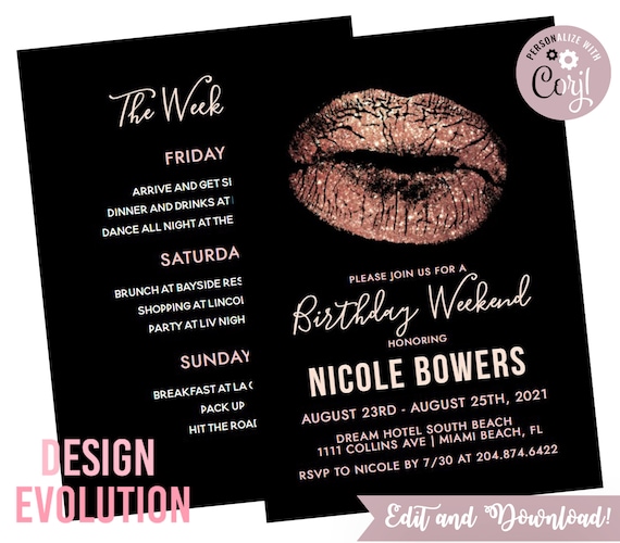 TRY DEMO FIRST - Birthday Weekend Getaway Rose Gold Glitter Lip Invitation