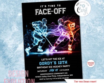 Neon Ice Hockey Birthday Party Invitation (Digital Download)