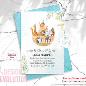 TRY DEMO FIRST -  Any Age Noah&#39;s Ark Animals Watercolor Noah&#39;s Arc Birthday Invitation