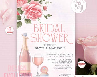 Rosé Floral Bridal Shower Invitation: Wine Brunch (Digital Download)