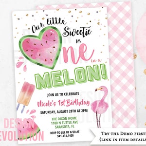 TRY DEMO FIRST - One in a Melon Watermelon Summer Watercolor Pink Little Sweetie Pool Cute First Birthday 1st Birthday  Invitation