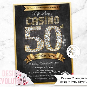 TRY DEMO FIRST - 50th Birthday Casino Las Vegas Casino Royale Poker Night Playing Cards Diamonds Dice Birthday Invitation