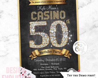 May include: A black and gold casino-themed birthday party invitation with a large gold 50 surrounded by sparkling diamonds. The text reads "Kyle Mason's Casino 50th Birthday Party" and includes the date, time, and location of the event. The invitation also includes the text "Try the Demo First! (Link in Item Details)".