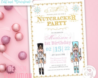 May include: A white invitation with gold trim and a pink and blue illustration of two nutcracker soldiers. The invitation is for a Nutcracker Party to celebrate Madison's 1st birthday on February 15, 2022. The party will be held at The Graham Home at 2:00 PM.
