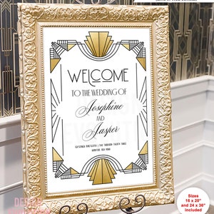 TRY DEMO FIRST -  Sizes 16 x 20 and 24 x 36 Art Deco 1920s Gatsby Wedding Bridal Baby Birthday Anniversary White & Gold Welcome Sign