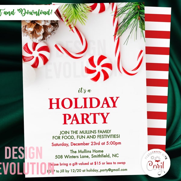 TRY THE DEMO - Holiday Winter Christmas Party Candy Cane Christmas Candy Pinecone Invitation