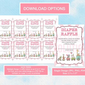 Op de afbeelding: Roze en witte printbare luierspel-tickets met een schattig cartoon-treindesigne. De tickets zeggen "Luierspel" en "Breng een pak luiers of babydoekjes (alle maten) mee voor een kans om een speciale prijs te winnen!"
