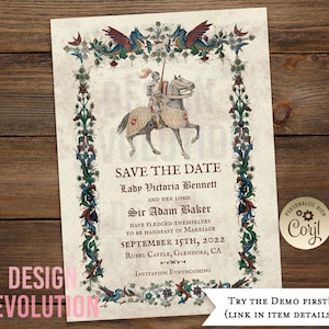 TRY DEMO FIRST - Save the Date Medieval Midival Midieval Renaissance Middle Ages Dark Ages Dragon Knight Renfaire Celtic Goth Invitation
