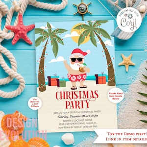 Może przedstawiać: Zaproszenie na imprezę świąteczną w tropikalnym stylu. Zaproszenie przedstawia kreskówkowego Świętego Mikołaja w okularach przeciwsłonecznych i hawajskiej koszuli, stojącego na plaży z palmami i prezentami. Tekst na zaproszeniu brzmi "Christmas Party" i zawiera datę, godzinę i miejsce imprezy. Zaproszenie zawiera również tekst "Try the Demo First! (Link in Item Details)".