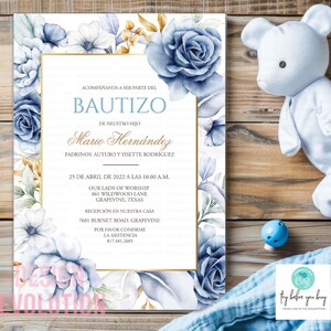 TRY DEMO FIRST - Bautizo de Hijo Nino De bautizo Nino Bautismo de nino Baptism Christening Azul Flores Azules Invitacione