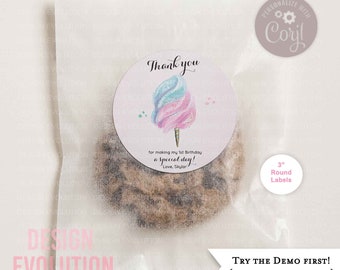 TRY DEMO FIRST - 3" Circle Cotton Candy Birthday Labels Birthday Stickers Thank You Gift Favor Tags