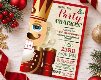 May include: A rectangular Christmas party invitation featuring a nutcracker illustration on the left and text on the right reading: LET'S GET THIS Party CRACKIN' JOIN US FOR THE EDWARD FAMILY'S ANNUAL CHRISTMAS PARTY DEC 23RD 6:00 PM.