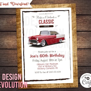 TRY DEMO FIRST - Classic Car Retro Vintage 1950s Automobile 50s Party 1955 Chevrolet Garage Rustic Birthday Invitation