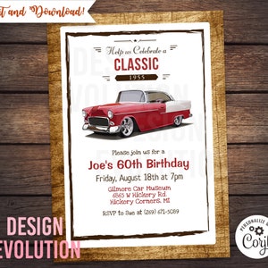 TRY DEMO FIRST - Classic Car Retro Vintage 1950s Automobile 50s Party 1955 Chevrolet Garage Rustic Birthday Invitation