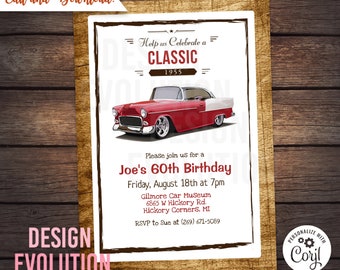 TRY DEMO FIRST - Classic Car Retro Vintage 1950s Automobile 50s Party 1955 Chevrolet Garage Rustic Birthday Invitation