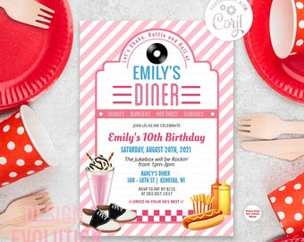 TRY DEMO FIRST - Retro Diner Vintage 1950s 50s Party Birthday Invitation