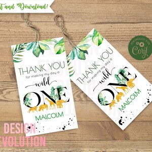 TRY DEMO FIRST - Wild and One Wild One Jungle Animals Zoo Safari Thank You Gift Tag Favor Tag - Size 2 x 3.5