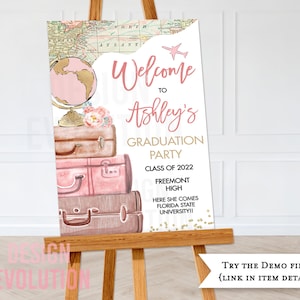 TRY DEMO FIRST - Size: 24x 36 Travel Themed Suitcase Watercolor Graduation Going Away Party Retirement Poster Welcome Sign