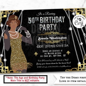 TRY THE DEMO - 50th Birthday African American Harlem Nights Jazz Great Gatsby Flapper Girl 1920s Roaring 20's Speakeasy Birthday Invitation